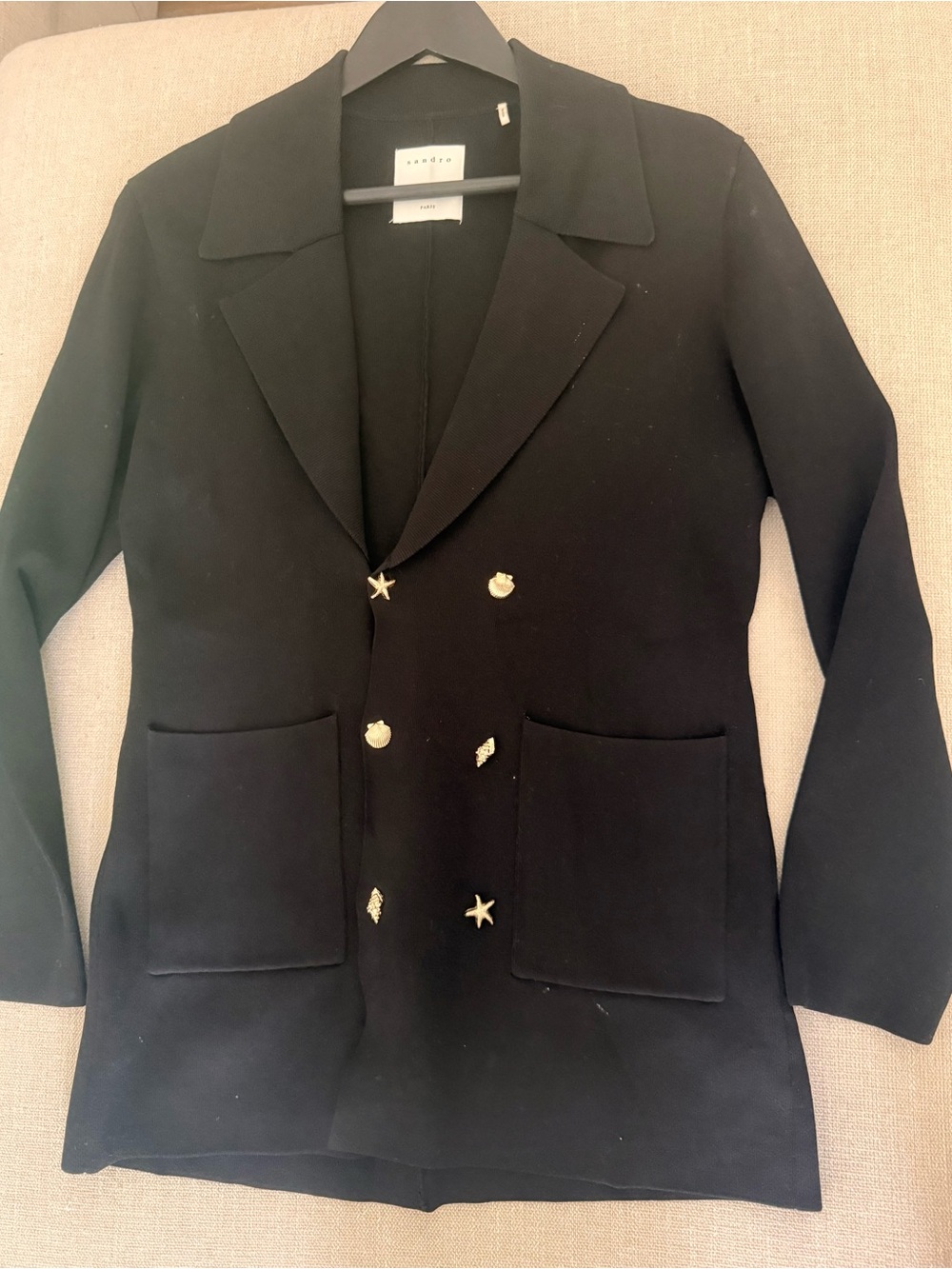 Sandro Black Double-Breasted Blazer with Gold Star and Coin Buttons